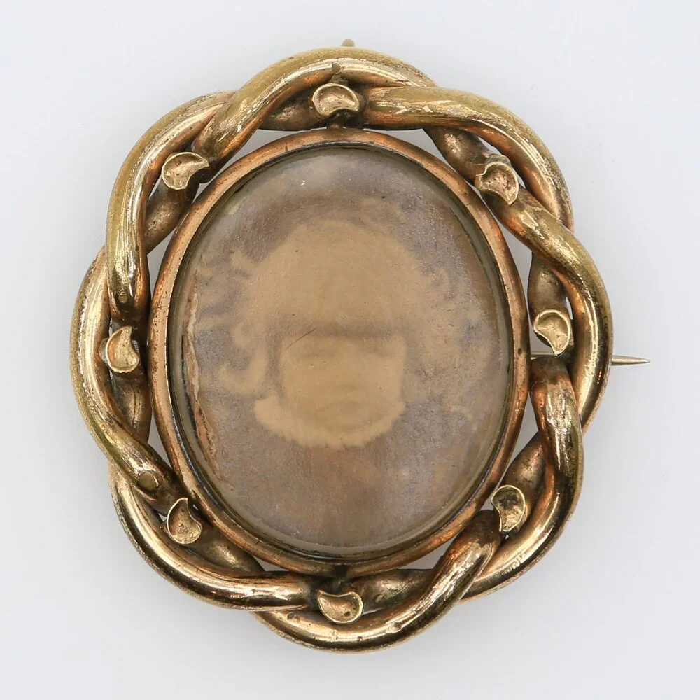 Antique Victorian Swivel‎ Mourning Hair & Child Photo Gold Filled Brooch 1870s